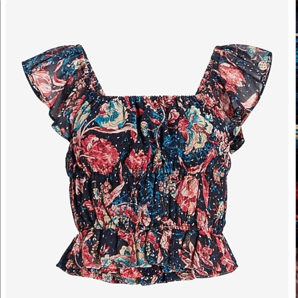 Women’s Express Floral Ruffle Sleeve Crop Top - Picture 1 of 6